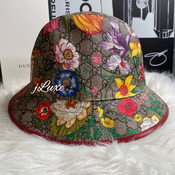 GUCCI Claudia Flora Print GG Supreme Bucket Hat - Picture 2 of 11